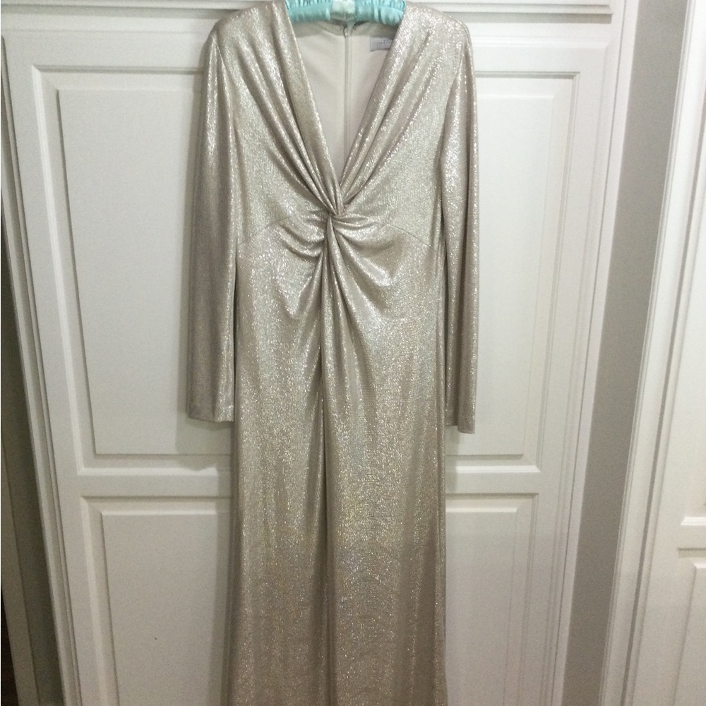TAHARI ASL METALLIC LONG GOWN .TWIST FRONT, V NECK,LONG SLEEVES